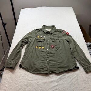Lovecrazy Patch Utility Shirt Women Olive Green Good Snap Front Epaulettes